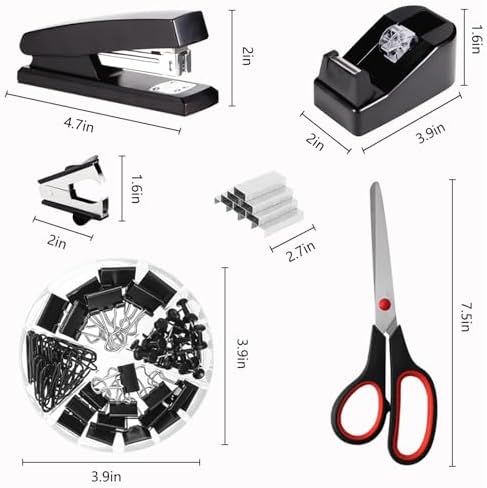 Office Supplies,Black Desk Accessories,Desk Organizer,Phone Stand,Scissors,Stapler,Tape Dispenser,Binder Clips,Staples,Staple Remover,Sticky Notes,Index Tabs,Clear Tape,Mini Box Cutter,Cool Pen.16pcs - Image 6