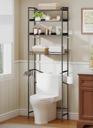 Quikraen 4 Tier Over The Toilet Storage Shelf with 3 Adjustable Shelves, Space Saver Bathroom Organizer with 4 Hooks, Freestanding Above Toilet Rack for Restroom Laundry (Black) by Quikraen