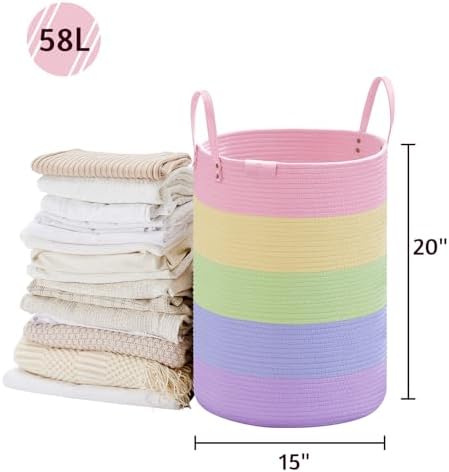 VIPOSCO 58L Tall Woven Rope Laundry Hamper, Leather Handles, Rainbow - Image 5