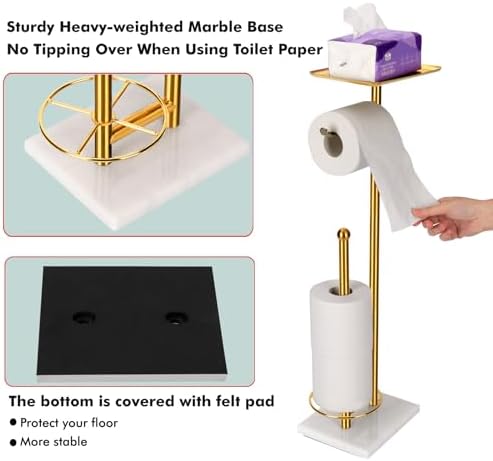 Toilet Paper Holder with Tray At the Top, Sturdy Marble Base No Wobby, Holding Extra 3 Toilet Paper Rolls As Spare Use, Freestanding No Drilling (Gold) - Image 4