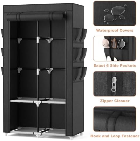 VTRIN Portable Closet Wardrobe Closet for Hanging Clothes with 4 Storage Shelves, 2 Hanging Rods and 6 Pockets, Stable and Easy Assembly Clothes Rack with Cover Free Standing Closet for Bedroom, Black - Image 4