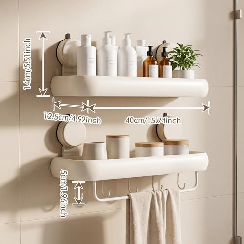 Shower Caddy Suction Cup, 2 Pack Cream White No Drilling Corner Shower Shelves, Detachable and Reusable Bathroom Organizer with Removable Hooks & Towel Bar - Image 5