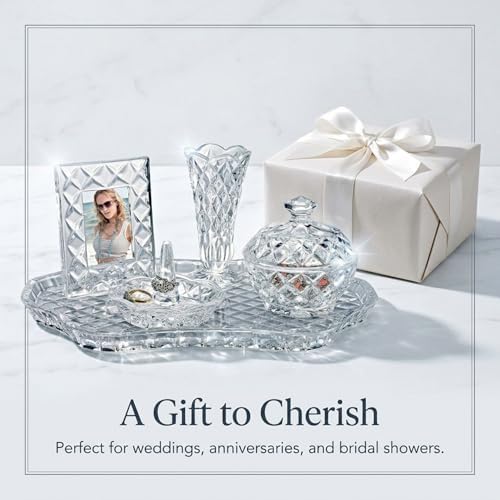 Godinger Crystal Glass Vanity Set of 5, Display Tray, Ring Holder, Vase, Picture Frame, Storage Box with Lid, Shannon Collection - Image 6