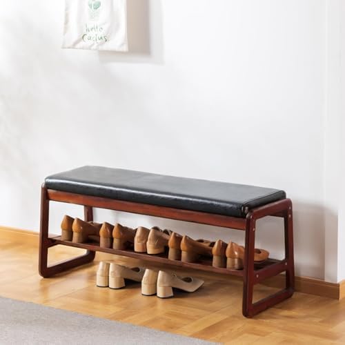 SOBIBO Solid Wood Shoe Bench, 2-Tier Wooden Entryway Bench, Modern Shoe Rack with Cushion for Hallway, Living Room (Black, 39.4'') by SOBIBO