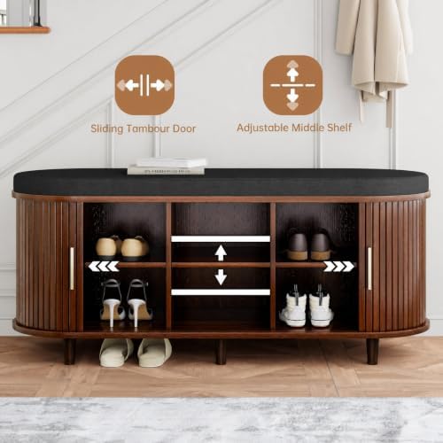 DHH 2-Tier Storage Bench,Wide Shoe Bench with Thickened Padded Seat Cushion, Mid Century Modern Fluted Sliding Door and Adjustable Shelf, for Entryway, Living Room, Bedroom (Walnut, 43.3“) - Image 5