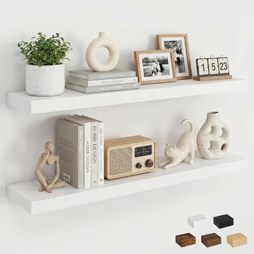 Dreamland 32inch Floating Shelves for Wall, Rustic White Floating Shelves for Bathroom|Bedroom|Kitchen, Deep Wall Mounted Book Shelf, Wood Storage Display Shelf for Home Decor, Set of 2 by Dreamland