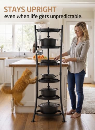 KES 264 Lbs Capacity Freestanding Pot Rack, 6-Tier Cast Iron Cookware Stand with 6 Hooks, Pots and Pans Storage Tower for Kitchen Corner, Stable Base, Anti-tip Strap & Floor Protectors, Black - Image 5
