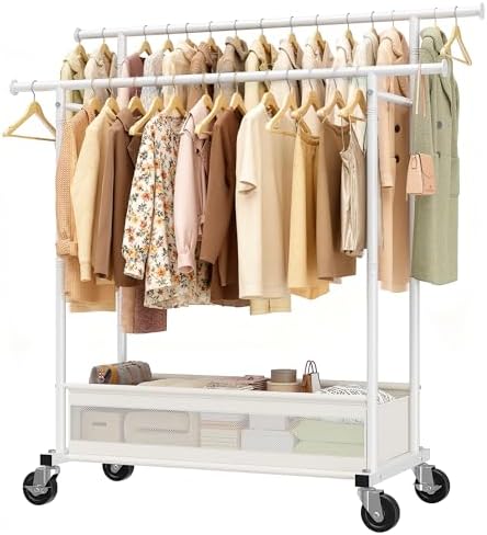 Clothes Rack 210 LBS Double Rods Extra Storage Basket by Snhomee