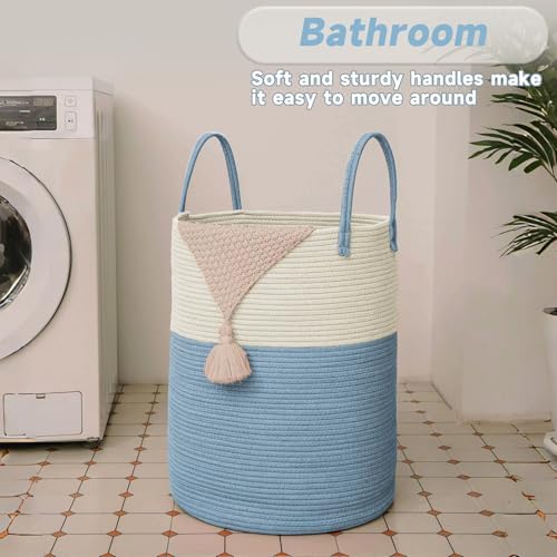 JMvicyroam 80L Cotton Rope Laundry Basket Hamper, White and Blue - Image 5