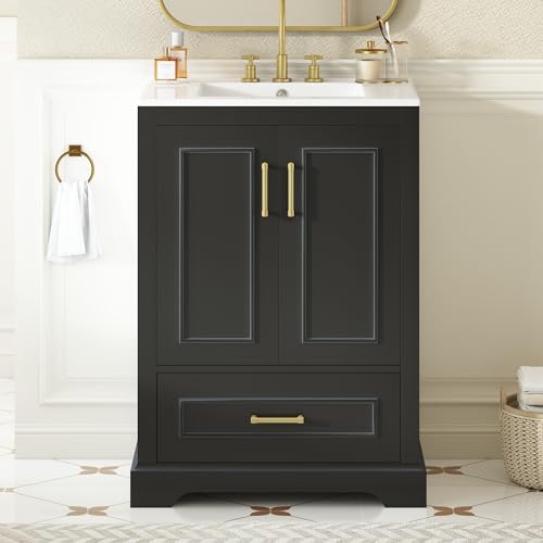 Harper & Bright Designs 24" Bathroom Vanity with Sink, Free Standing Single Basin Vanity with Divided Drawer & 2 Doors with Double Shelf, Wooden Storage Cabinet with Ceramic Basin for Bathroom, Black - Image 3
