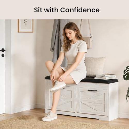 39" Shoe Storage Bench with Seat Cushion, Wood, Ash White - Image 3