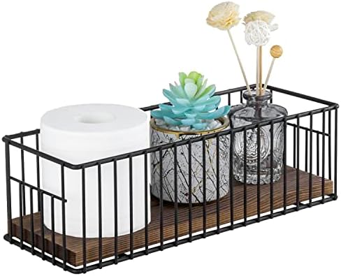 MyGift Toilet Paper Roll Holder Basket, Industrial Matte Black Metal Wire and Rustic Burnt Wood Above Tank Bathroom Toiletries Storage Organizer Vanity Basket by MyGiftHome