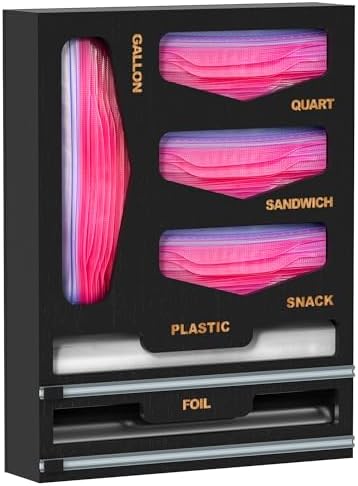 DALSHABET Bamboo Bag Organizer with Magnetic Closure, 6 In 1 Kitchen Drawer Foil and Plastic Wrap Dispenser with Cutter, Storage bag for Gallon, Quart, Sandwich, Snack Black by DALSHABET