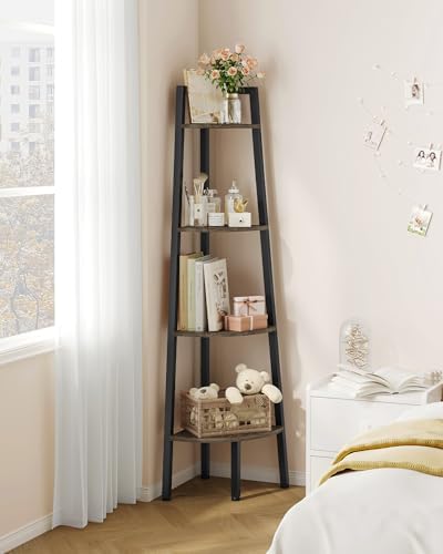 Hoctieon Corner Shelf, 4-Tier Corner Bookshelf, Rustic Ladder Shelf, Industrial Display Stand for Living Room, Kitchen, Home Office, Balcony, Small Space, Metal Frame, Grey - Image 6