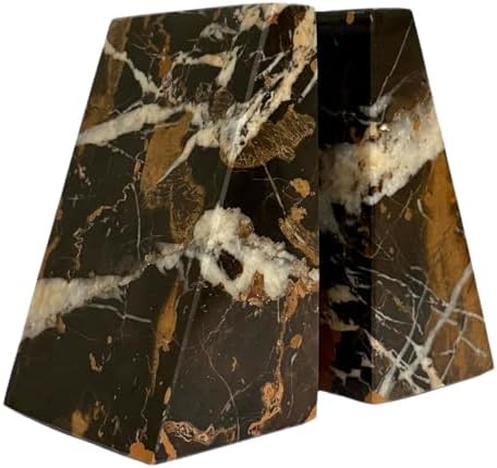 Ottimo Premium Polished Natural Marble bookends for use as Bookshelf Decor, Home, Office or Kitchen Shelves. Heavy, Triangular,and Modern Decorative Book Stopper with Anti-Slip Pads (Black Gold) by Ottimo