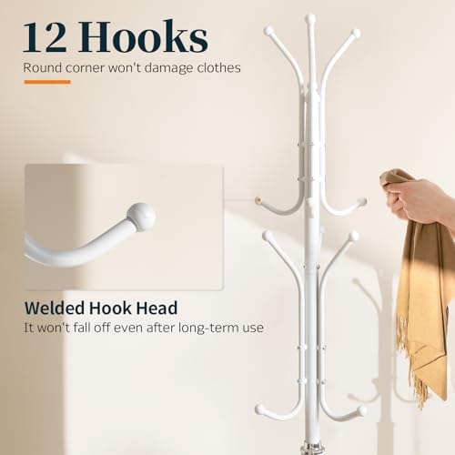 Yoobure Metal Coat Rack Freestanding with Marble Base, Coat Tree with 12 Hooks & Umbrella Holder, Coat Hanger Stand for Corner Entryway Bedroom Office, Heavy Duty Coat Rack Stand for Clothes Hats Bags - Image 3