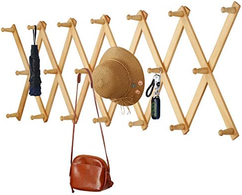 Dseap Accordian Wall Hanger: 16” High Wooden Wall Expandable Coat Rack, Hat Rack Holder, Accordion Hook for Baseball Caps, Coats, Mugs, 20 Peg Hooks, Natural by Dseap