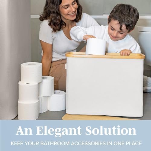 LONBET Toilet Paper Storage for 12 Rolls, Stackable & Foldable - The Ultimate Bathroom Organizer - Waterproof Basket with Bamboo Lid - Elegant Toilet Paper Storage Holder, Light Gray - Image 4