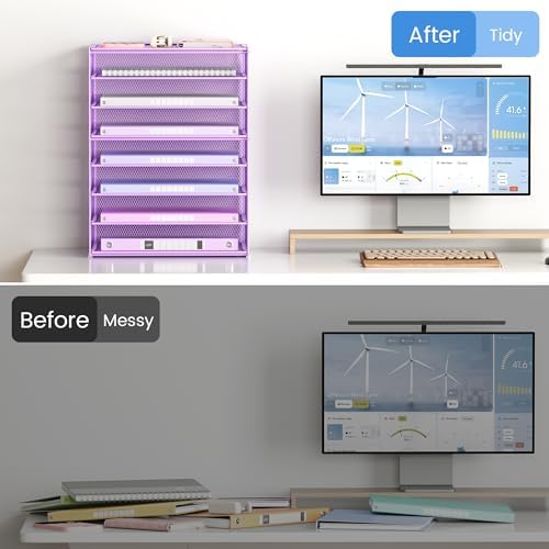 Lavatino 8-Tier Office Desk File Organizer, Letter Tray Paper Organizer with Handle, Including 5 Adjustable Slide Trays for Organizing Desktop Workspace Accessories and Supplies (Purple Metal Mesh) - Image 5