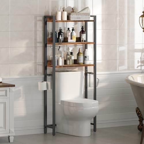 MAHANCRIS Over The Toilet Storage Rack, 3 Tier Bathroom Organizer Over Toilet, Freestanding Space Saver Toilet Stand with 2 Hooks, Bathroom Storage Shelf, Easy to Assemble, Rustic Brown TSHR6001 by MAHANCRIS