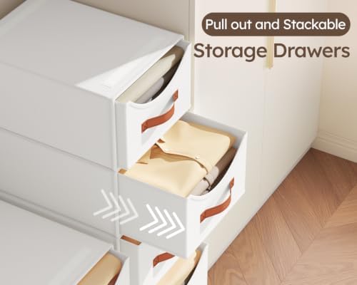 Homsorout Stackable Storage Drawers - Collapsible Storage Bins with Drawers, 6 Pack Closet Shelf Organizer Basket, Fabric Pull Out Organizer for Bedroom, Living Room, Dorm, White - Image 5