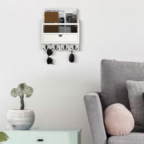 Nekon Mail Organizer with Drawer for Wall, Wooden Key Holder, White - Image 4