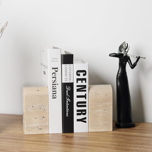 Koville Italian Travertine Bookends for Shelves, Decorative Book Ends, 7lbs Heavy-Duty Marble Book Holders, Bookshelf Apartment Decor for Normal Books/CD/Video Games(Travertino Romano) - Image 5