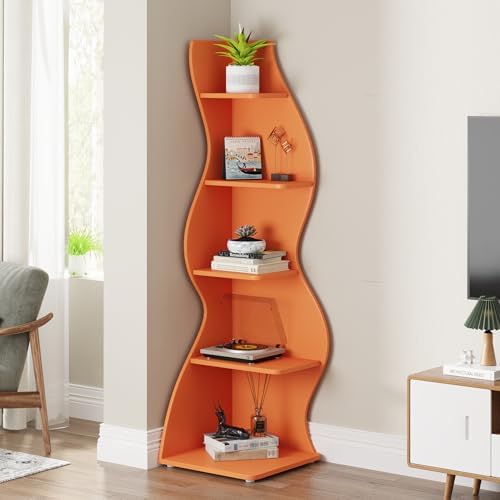 Tribesigns Corner Shelf, Modern 5-Tier Wall Corner Bookshelf, Stylish Corner Small Bookcase Storage Rack Plant Stand with Unique Shape for Living Room, Home Office (Orange, 1PC) - Image 4