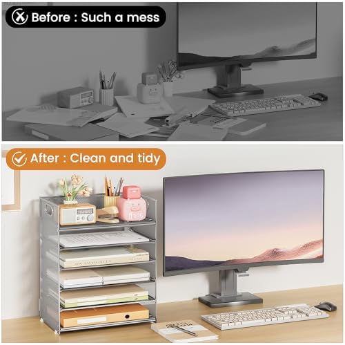 Subekyu 6-Tier Desk Paper Organizer, Desktop File Letter Tray with Handle, Document Sorter and Accessories Holder for Office, Home and School Workspace Organizers, Silver - 2 Pack - Image 2