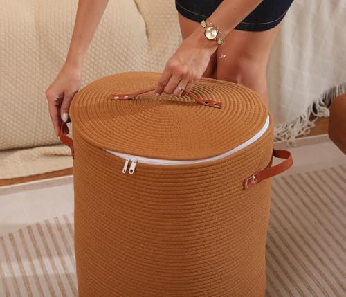 16"x20" Extra Large Cotton Rope Basket with Zipper Lid, Woven Laundry Hamper and Blanket Storage Basket, Round Clothes Bin for Living Room Bedroom, Rust Brown - Image 6