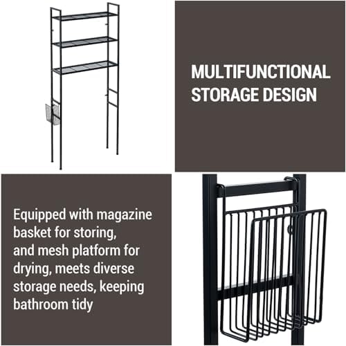 MyGift 3 Tier Over The Toilet Storage, Freestanding Bathroom Organizer Shelf, Above Toilet Rack with Removable Magazine Holder Basket, Black Metal Cabinet for Laundry Space Saver, 26.4x7.8x63.6 Inch - Image 3