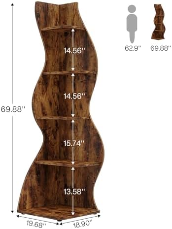 Tribesigns Corner Shelf, Rustic 5-Tier Wall Corner Bookshelf, Stylish Corner Small Bookcase Storage Rack Plant Stand with Unique Shape for Living Room, Home Office (2PCS, Brown) - Image 3