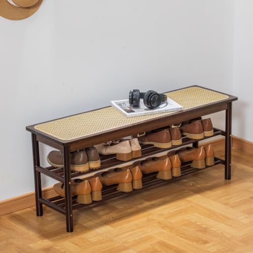 latifolia Shoe Rack Bench, 3-Tier Bamboo Shoe Bench with Breathable Rattan Seat Cushion, Shoe Storage Rack for Entryway(Walnut,39.70''L) by Latifolia