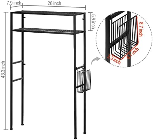 MyGift 2-Tier Over The Toilet Storage Rack, Over Toilet Bathroom Organizer, Freestanding Above Toilet Shelf with Removable Magazine Holder Basket, Black Metal Cabinet for Laundry Space Saver - Image 6
