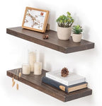 Fun Memories Floating Shelves for Wall, 24"x9.3" Rustic Solid Elm Wood Shelves, Heavy-Duty Wall Mounted Shelves with Invisible Brackets, Set of 2 for Living Room, Bedroom, Kitchen, Walnut Finish by FunMemories