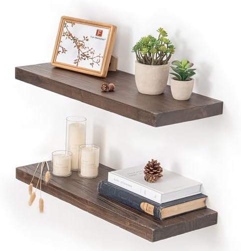 Fun Memories Floating Shelves for Wall, 24"x9.3" Rustic Solid Elm Wood Shelves, Heavy-Duty Wall Mounted Shelves with Invisible Brackets, Set of 2 for Living Room, Bedroom, Kitchen, Walnut Finish by FunMemories