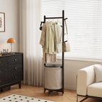 CycleCrew Solid Wood Coat Rack with Fabric Basket - Freestanding Coat Rack Rolling Coat Tree with 9 Hooks Wheels, Small Clothes Rack For Entryway Bedroom Hallway Living Room - Image 3