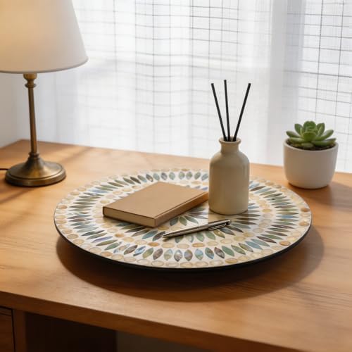 13.4" Mother of Pearl Lazy Susan, Table Centerpiece Round Shell Decorative Lazy Susan Turntable Rotating Tray Organizer for Cabinet Counter Gift Kitchen Office Cafe Home Decor (Dot Blue) - Image 5