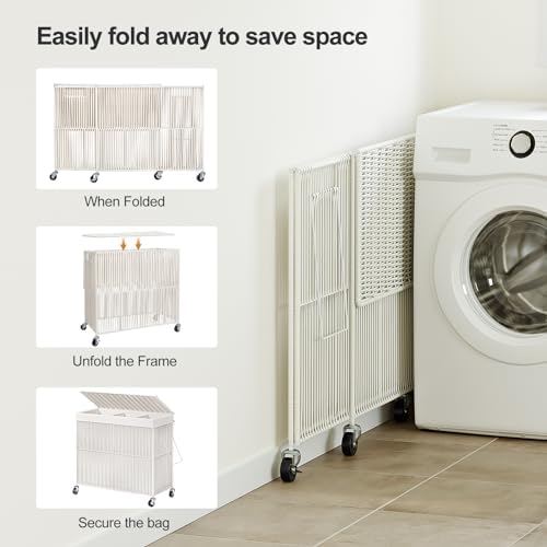 WOWLIVE Laundry Basket 3 Section, Handwoven Laundry Hamper with Wheels - Image 7