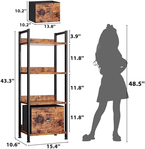 Furologee 4 Tier Bookshelf with Drawer, Small Narrow Bookcase, Rustic Brown - Image 3