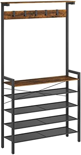 HOOBRO Hall Tree with Bench, Coat Rack with Shoe Storage, Shoe and Coat Rack, 5-Tier Entryway Shoe Storage, 5 Hooks, for 12-16 Pairs, Industrial, Hallway, Foyer, Mudroom, Rustic Brown BF74MT01 by HOOBRO