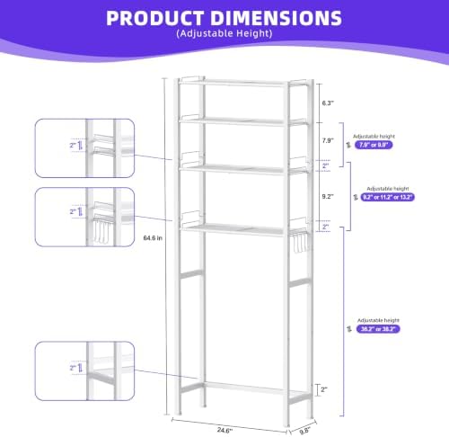 KMwisde 4 Tier Over The Toilet Storage, Bathroom Organizer Shelves with Adjustable Height, Above Toilet Storage Cabinet with Freestanding Rack, White - Image 2