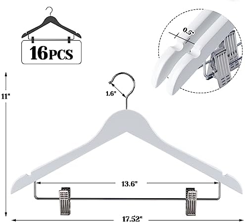 White Wooden Skirt Hangers with Clips 16Pack, Wooden Coat & Pants Hangers with Adjustable Metal Clips for Slacks, Jeans, Shorts, Jacket, Blouse, Clothes & Suit - Image 2