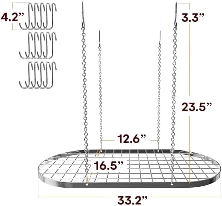 Vdomus Hanging Pot Rack - Ceiling Mount Kitchen Organizer for Pots and Pans with 15 Hooks - 33 x 17 Inches Heavy-Duty, Durable and Space-Saving Pan Holder - Silver - Image 6