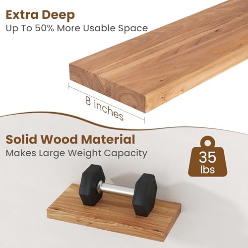 Floating Shelves for Wall, 8" Deep Rustic Solid Elm Wood Floating Shelves Wall Mounted, Wall Shelves with Invisible Bracket for Living Room Bedroom Bathroom Kitchen, 15.7 Inch Set of 2, Natural - Image 5