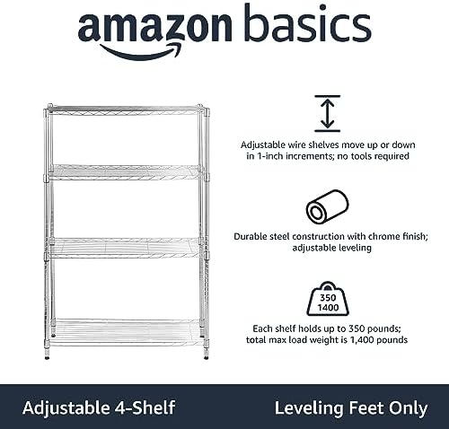 Amazon Basics 4-Shelf Adjustable Heavy Duty Steel Wire Rack Storage Shelving Unit for Kitchen, Garage, Easy Assembly, 350 lbs Per Shelf, 36" x 14" x 54", Chrome Silver - Image 2