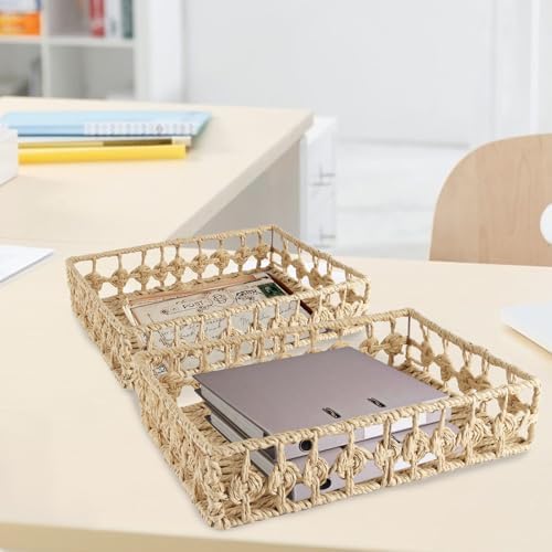 2 Pack File Folders Organizer,Woven Storage Basket for Folders,Mail,Letter,Office Supplies Desk Accessories for Women,Paper Letter Tray Desk Organizer,Stackable File Storage Desktop Organizer - Image 5