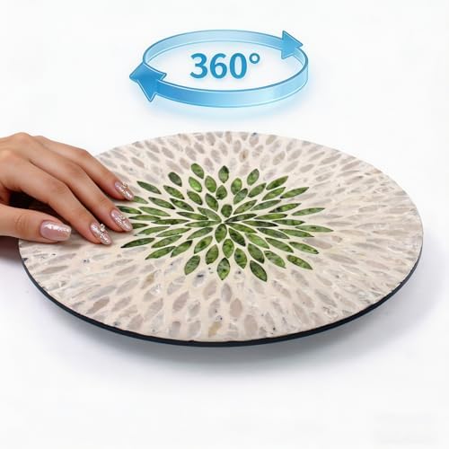 13.4" Mother of Pearl Lazy Susan, Table Centerpiece Round Shell Decorative Lazy Susan Turntable Rotating Tray Organizer for Cabinet Counter Gift Kitchen Office Cafe Home Decor (White Green) - Image 5