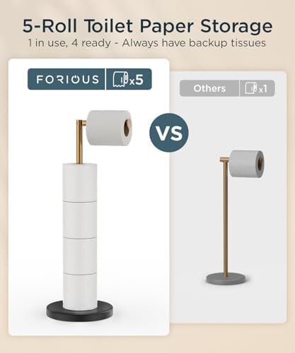 FORIOUS Toilet Paper Holder Stand with Storage for 4 Rolls, Black and Gold - Image 3
