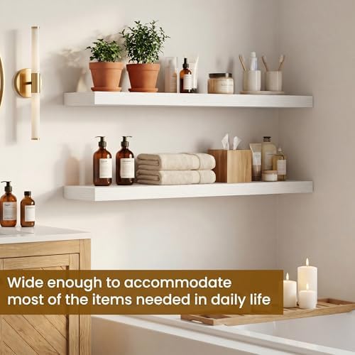 Dreamland 32inch Floating Shelves for Wall, Rustic White Floating Shelves for Bathroom|Bedroom|Kitchen, Deep Wall Mounted Book Shelf, Wood Storage Display Shelf for Home Decor, Set of 2 - Image 4
